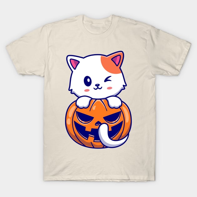 Cute Cat With Pumpkin Halloween Cartoon T-Shirt by Catalyst Labs